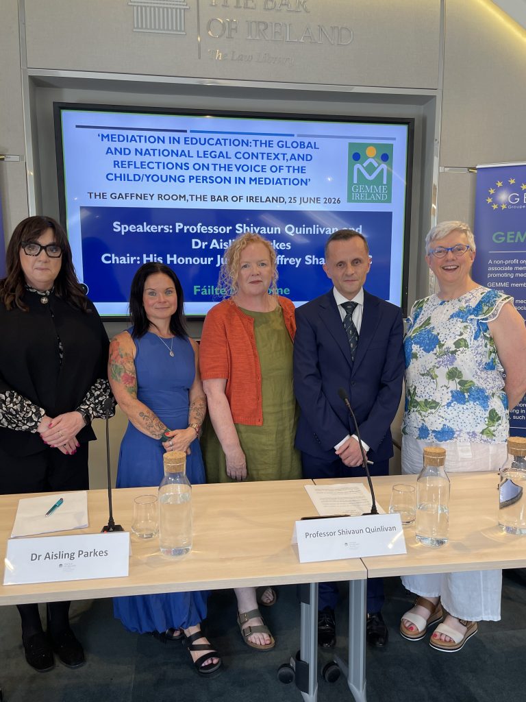 Left to Right: Judge Mary Morrissey, Dr Aisling Parkes, Prof Shivaun Quinlivan, Judge Geoffrey Shannon SC, Ms Justice Sara Phelan (GEMME Ireland, Chair)